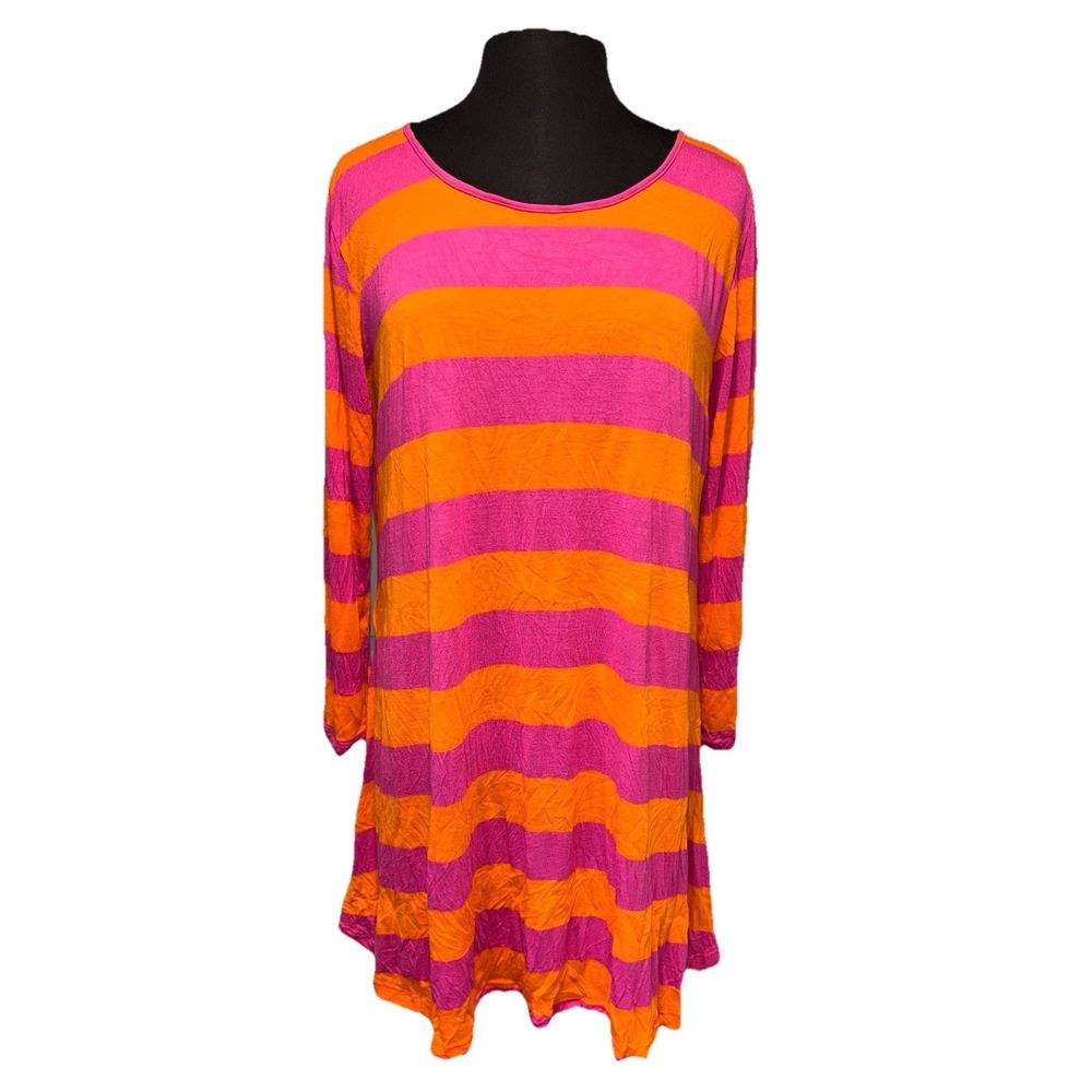 Comfy USA Striped Crinkle Tunic Top Dress Womens Large Pink Orange‎ Long Sleeve